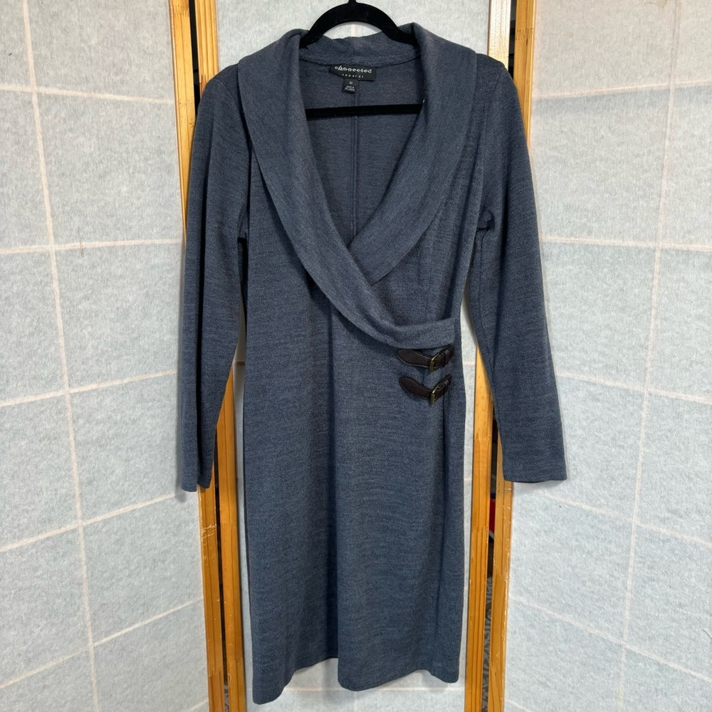 Connected Apparel Charcoal Grey Sweater Dress Women‎ Sz 10 Faux Buckle Plunge